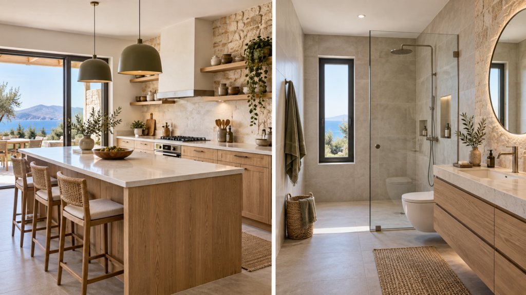 Edremit ev tadilatı kapsamında yenilenmiş modern mutfak ve banyo