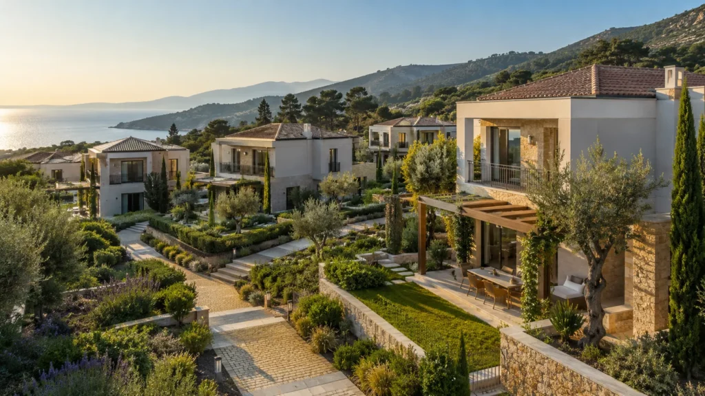 Edremit Körfezi gayrimenkul fırsatları için peyzajlı villa sitesi ve yaşam alanları