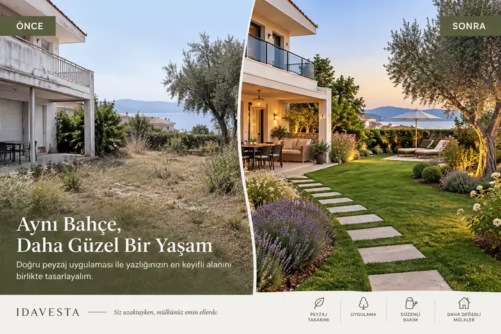 Villa bahçesinde yeşil alan ve yürüyüş yolu düzenlemesini anlatan temsili görsel