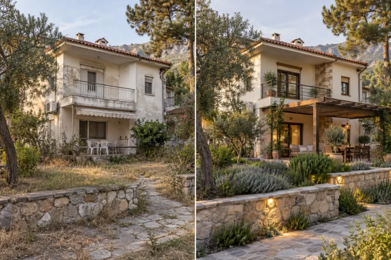 Güre villa tadilatı öncesi ve sonrası temsilî renovasyon görseli